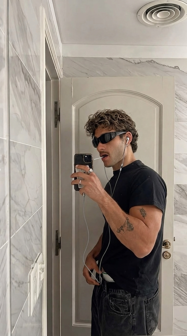 Man wearing Lucent chrome earbuds in daylight